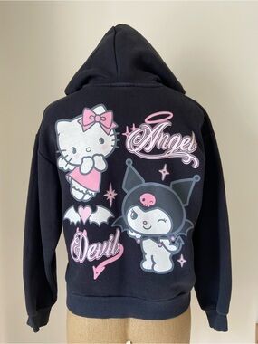 Bershka Black Kids Hoodie with Pink & White Hello Kitty x Kuromi Graphics